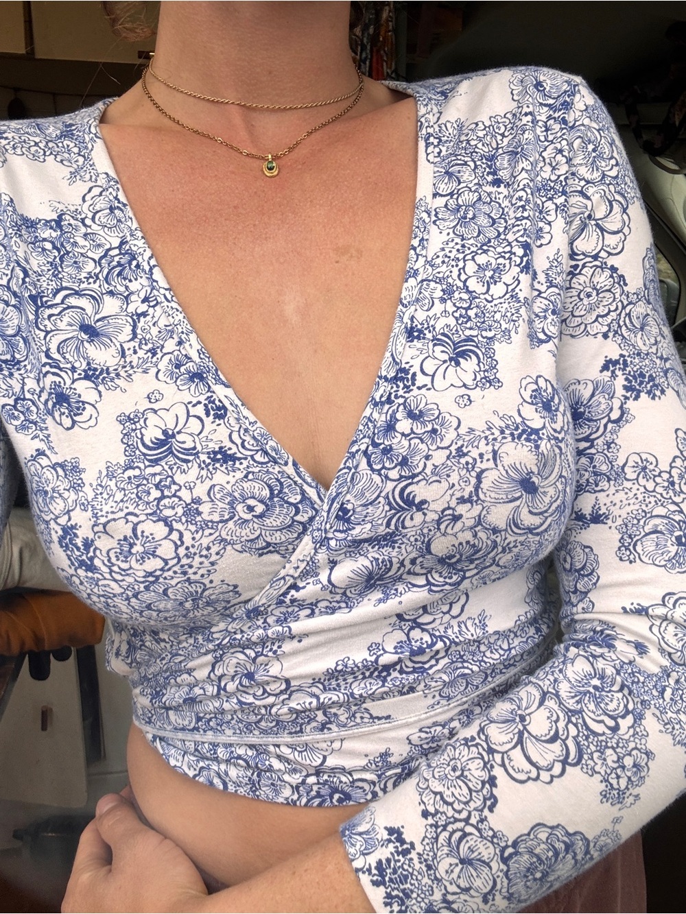 American Apparel Blue & White Floral Wrap Crop Top